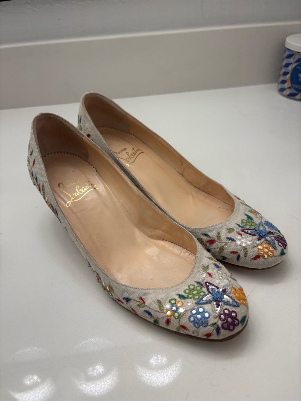 Vintage Christian Louboutin Cream Floral Embroidered Heels